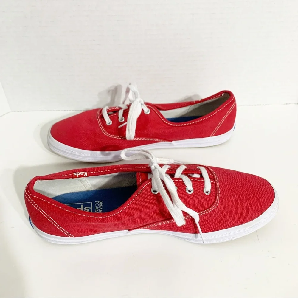 Keds Classic Champion Canvas Lace Up Sneakers White Outsoles and Soles Red 🟥